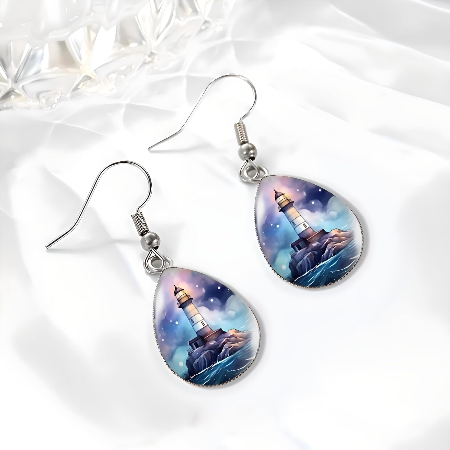 Teardrop Lighthouse Dangle Earrings, Nautical Design, 1.77 inch Length, Silver