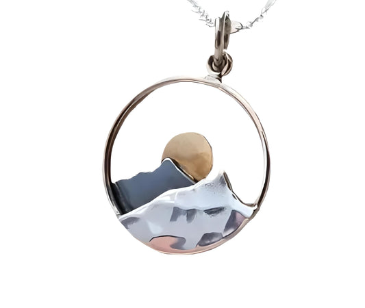 Mountain Scene Pendant Necklace, Silver Chain, Nature Landscape Design, Circle Pendant