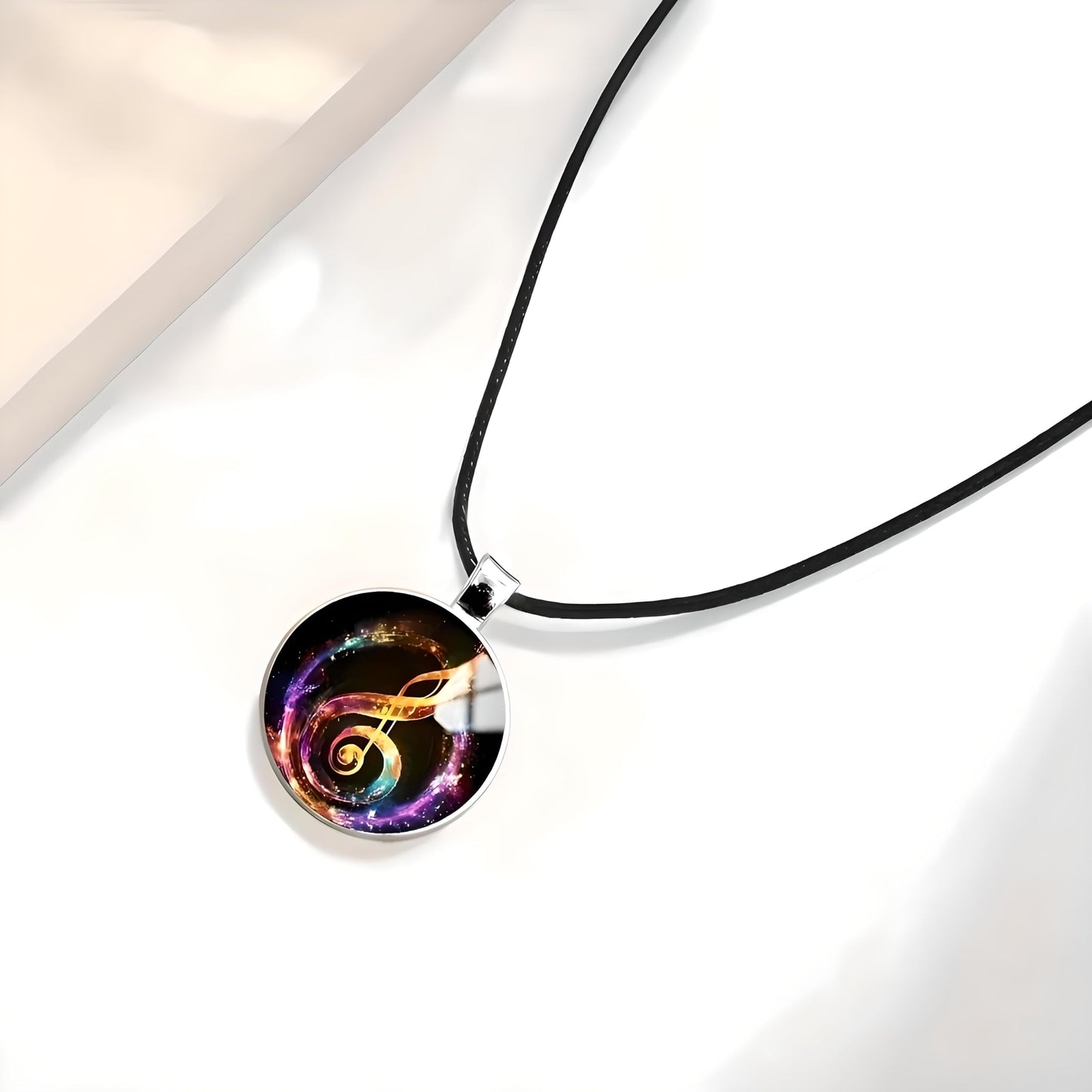 SUPAC Musical Note Pendant Necklace, Black Leather Cord, Eighth Note, Treble Clef, 17.7 Inch Chain with 2 Inch Extension
