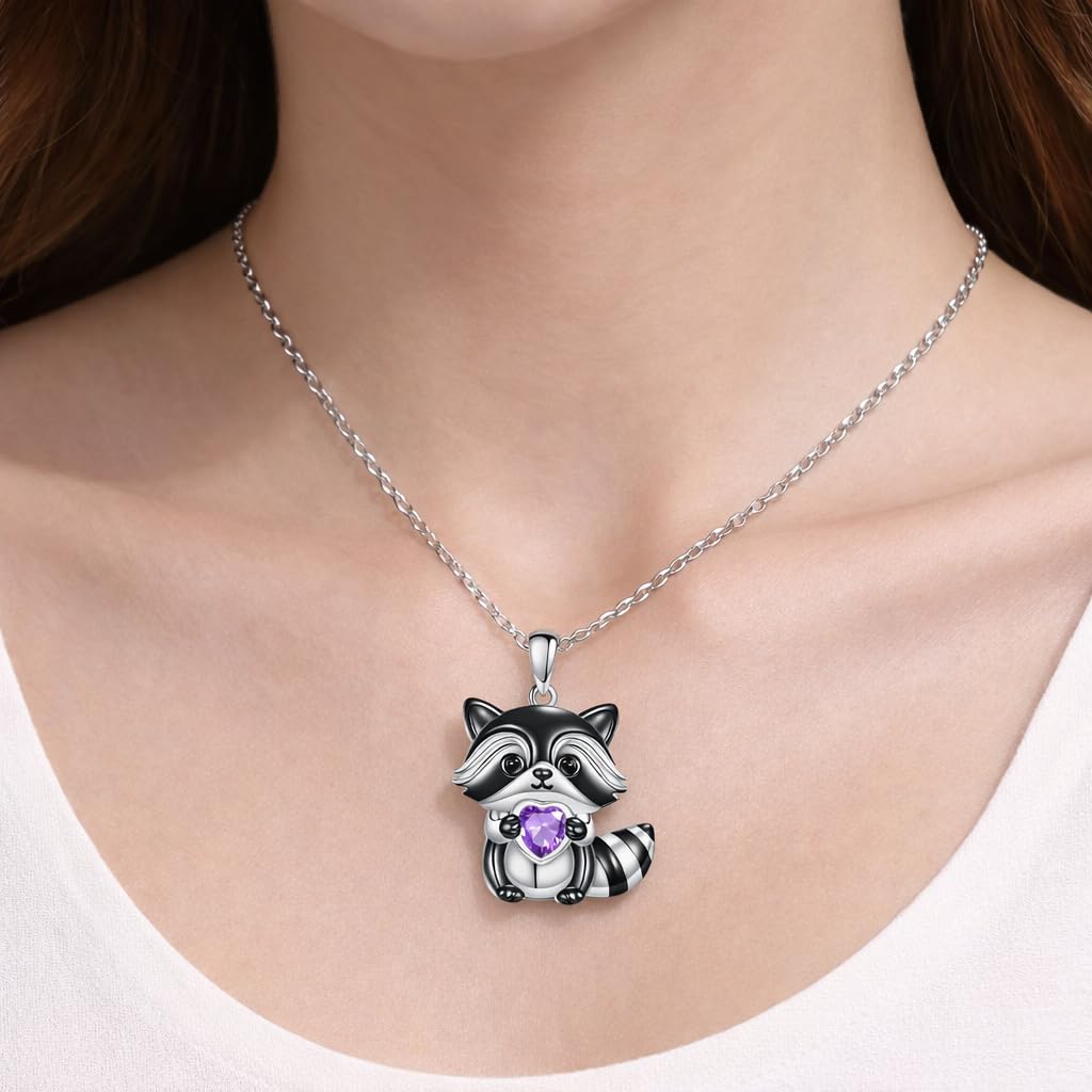 SUPAC Smiling Raccoon Necklace, Holding a Blue Heart, Silver and Black - Racoon Jewerly Gift