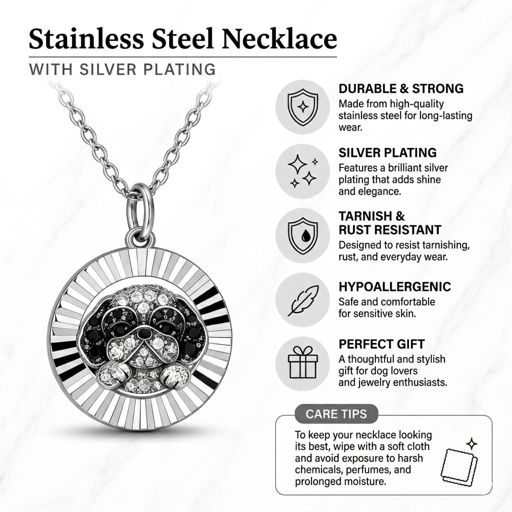 SUPAC Shih Tzu Pendant Necklace, Stainless Steel with Silver Plating, Round Coin Charm, Crystal Accents, Dog Lover Gift
