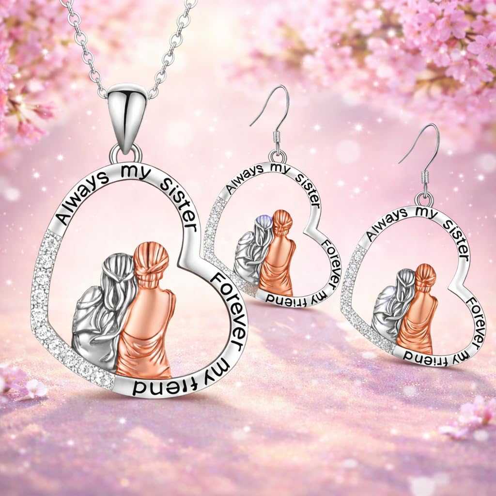 3PCS Sister Love Heart Pendant Necklace Set, Fashion Alloy, One necklace with Two Earings- White Gold Plated Jewelry for Women – "Always my sister, Forever my friend" -Ideal Birthday, Christmas, Party Gift