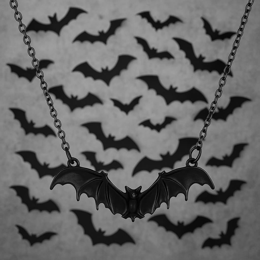 SUPAC Gothic Bat Pendant Necklace, Black Chain, Halloween Jewelry