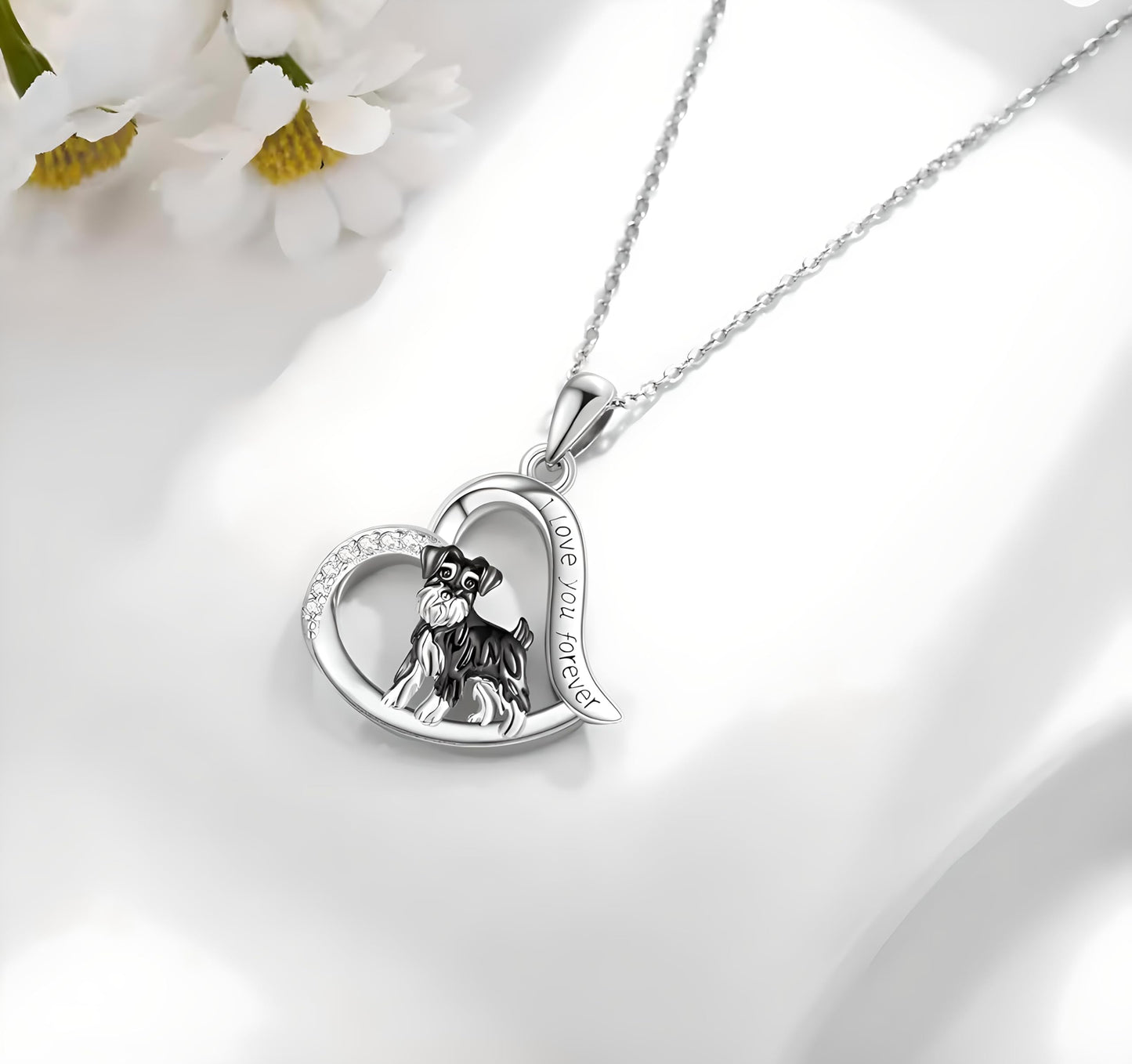 Schnauzer Dog Heart Pendant Necklace, Stainless Steel, Crystal Accent, I Love You Forever, 19.7 inch Chain