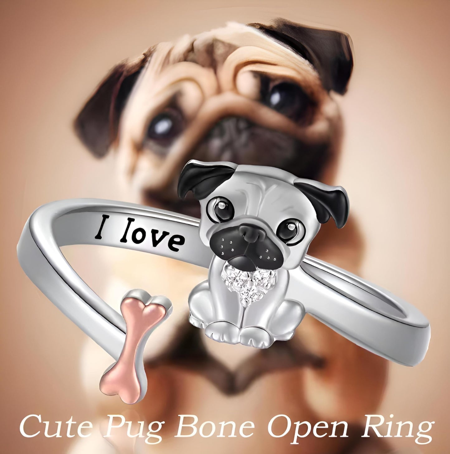SUPAC German Shepherd, Yorkie, Pug Dog Paw Adjustable Ring, Sterling Silver, Paw Print Design with Crystal Accents - Christmas, Birthday, or Party Ring