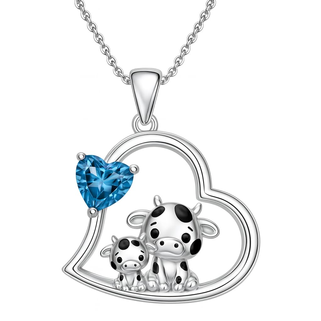 Blue Heart Shaped Mother and her Calf Cow Pendant Necklace for Women - Mother's Day Gift, Christmas, or Birthday Gift