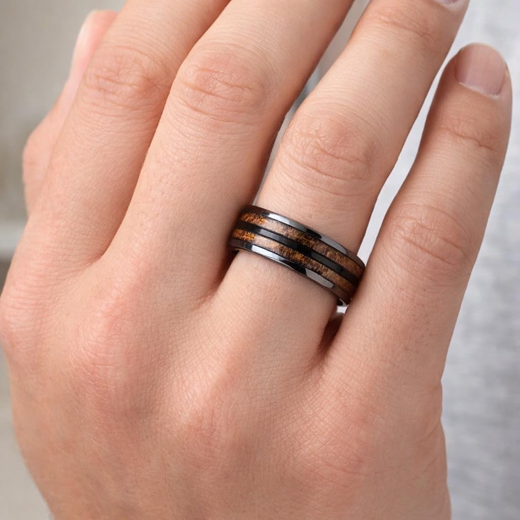 SUPAC 1pc Men's Trendy Stainless Steel Gray Whiskey Barrel Wooden Inlaid Wedding Ring - Suitable For Any Commitment Or Engagement size 7-13 (7), Brown, Black