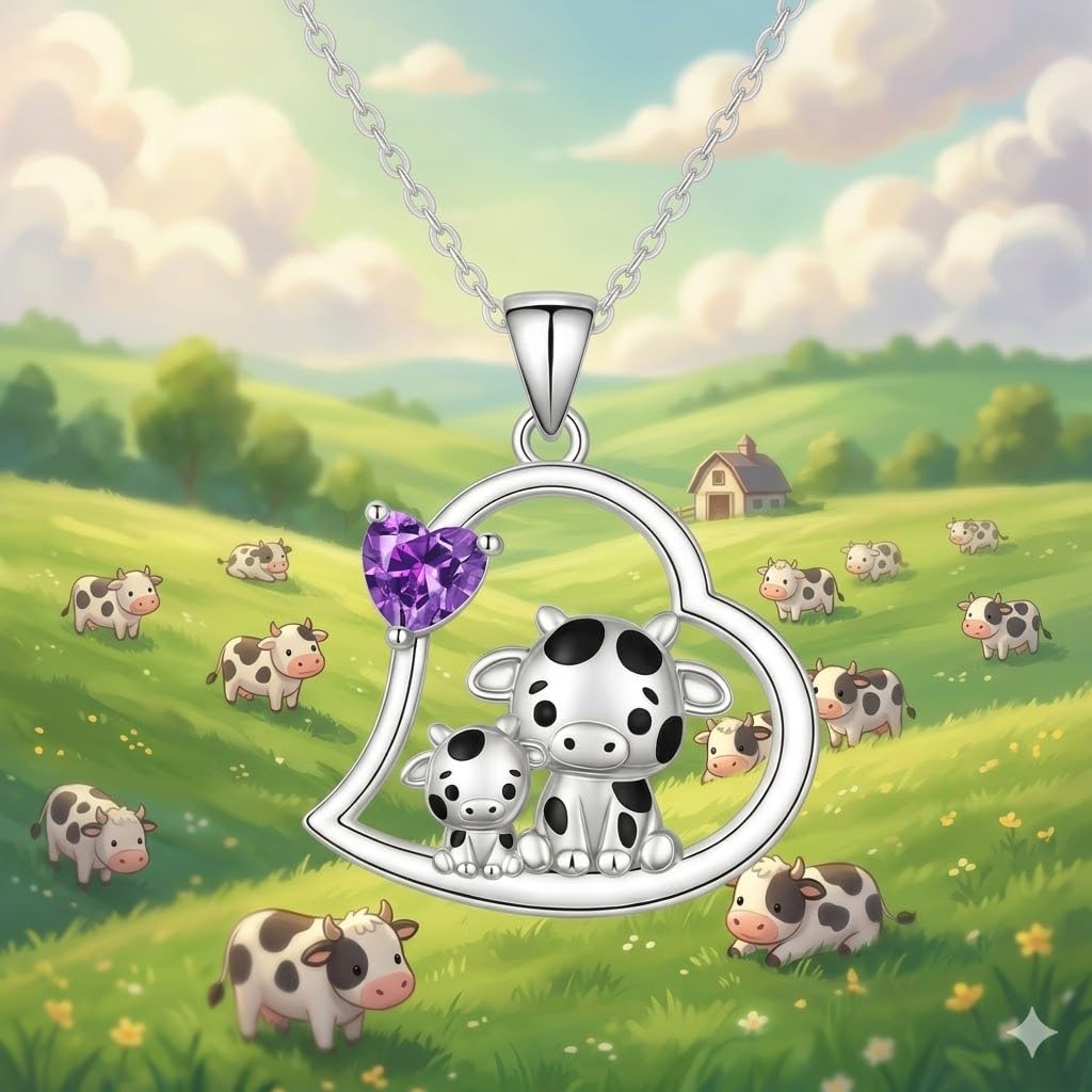 Blue Heart Shaped Mother and her Calf Cow Pendant Necklace for Women - Mother's Day Gift, Christmas, or Birthday Gift