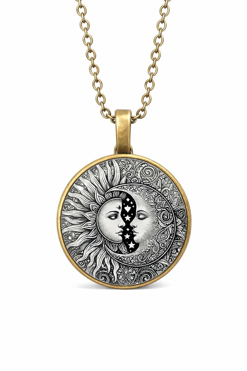 1pc Stunning Round Pendant Necklace - Unique Sun & Moon Pattern, Oil Painting Style Glass Mosaic, Alloy Construction, Trendy Sweater Chain, Fashionable Gift for Women - Christmas or Birthday Gift