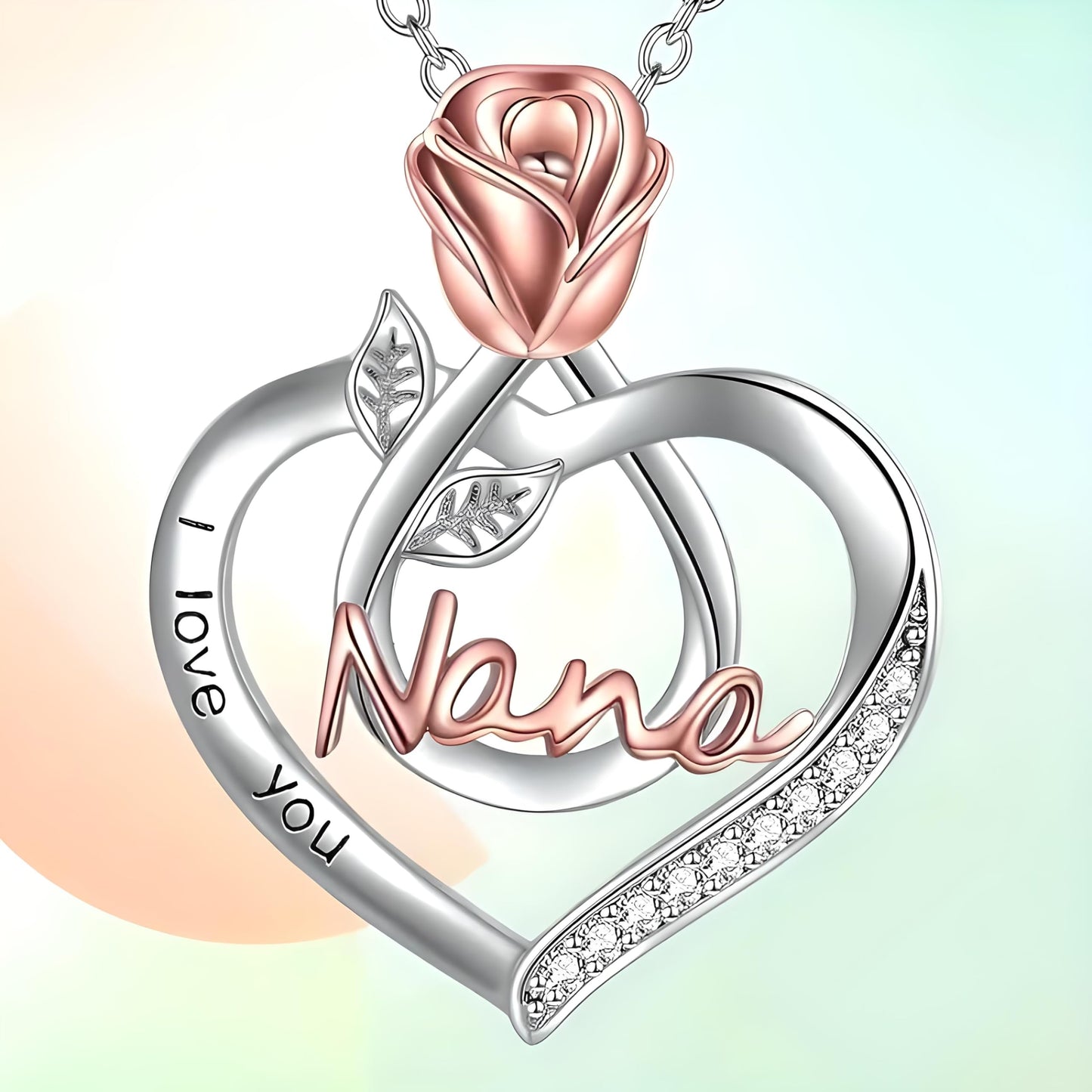 Rose Gold and Silver Heart Nana Pendant Necklace with Crystals
