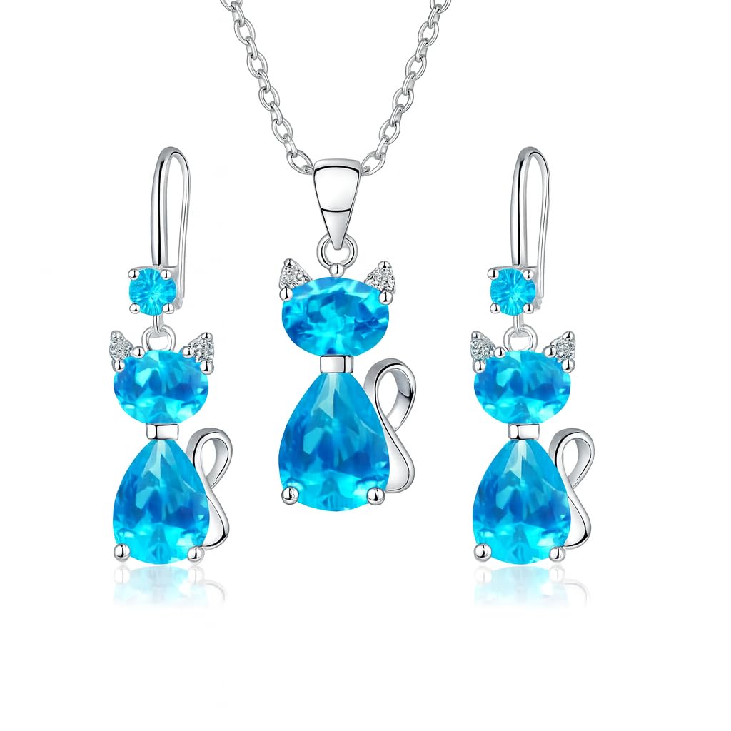 SUPAC Pink and Purple Cat Jewelry Set, Rose Gold Plated Crystal Necklace Earrings Ring, Gift for Cat Enthusiasts 6 Color Variations