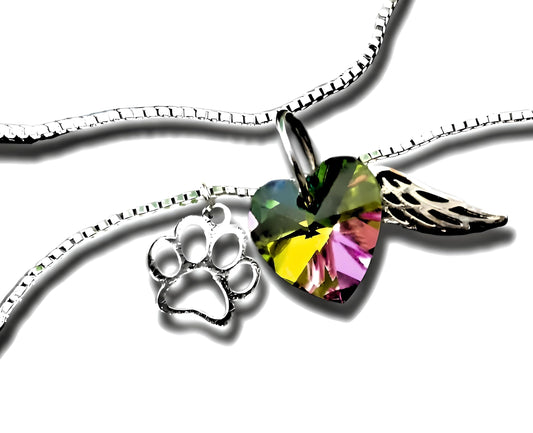 Rainbow Crystal Heart Necklace with Paw Print and Angel Wing Charms, Silver Chain