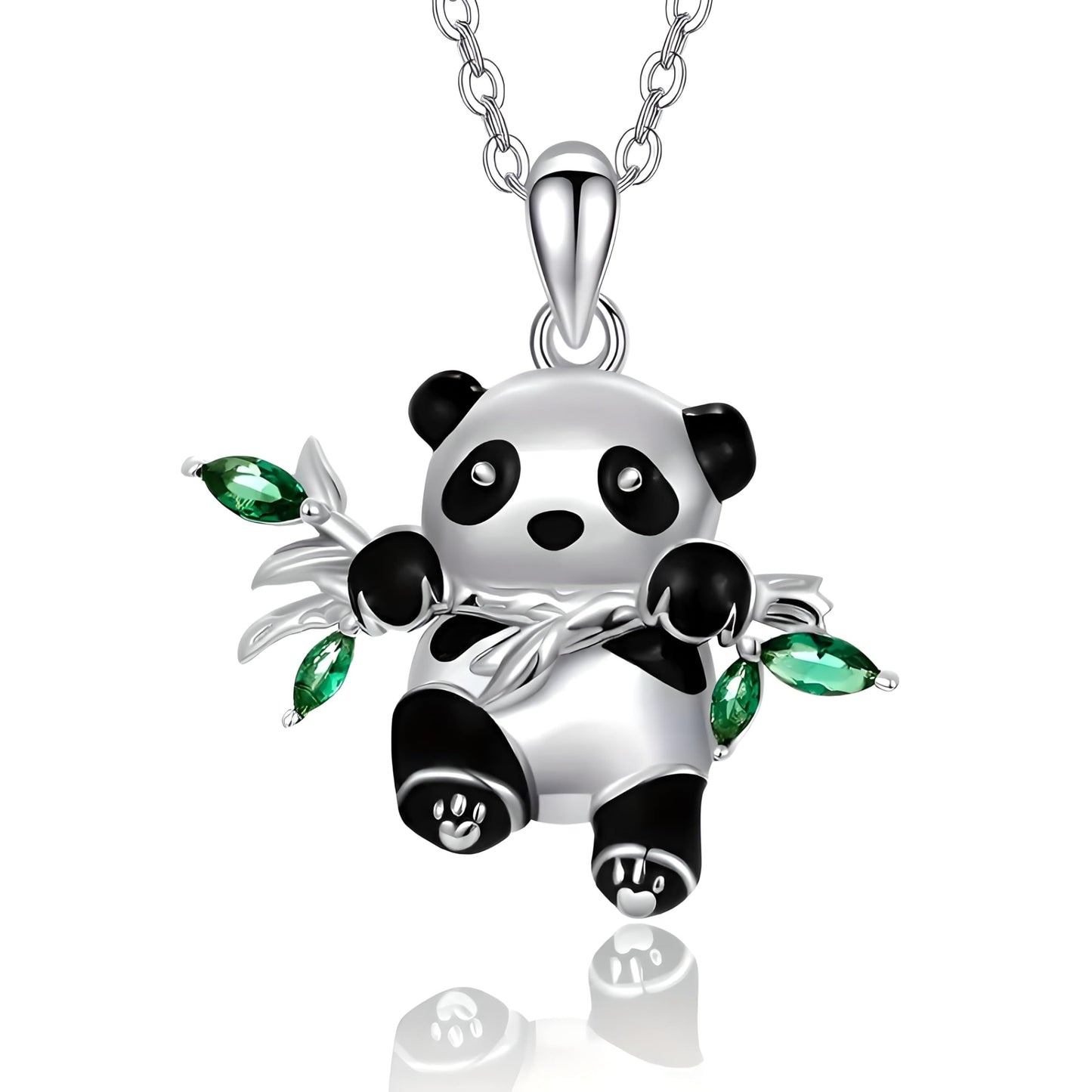 Sterling Silver Panda Pendant Necklace with Green Crystal Bamboo Leaves, 0.86 x 0.69 inches
