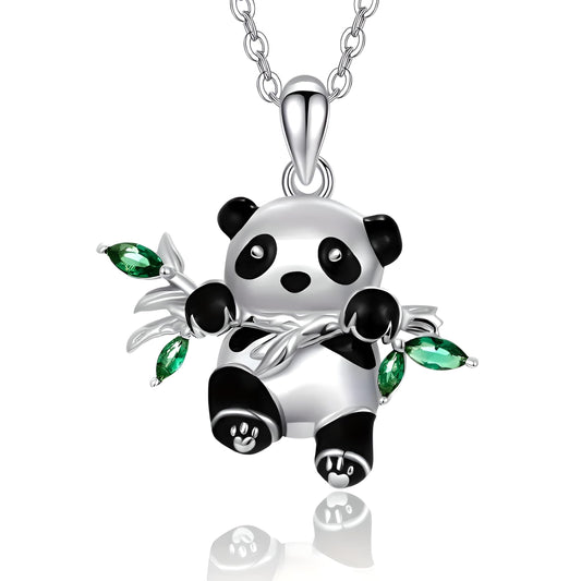 Sterling Silver Panda Pendant Necklace with Green Crystal Bamboo Leaves, 0.86 x 0.69 inches