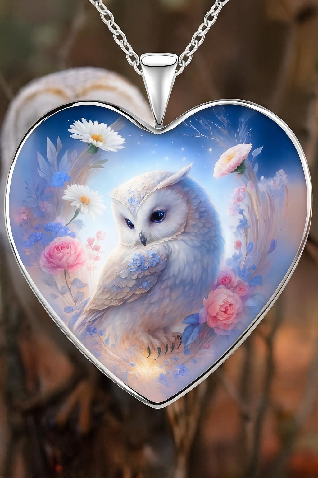 SUPAC Cute Owl Heart Necklace, Glass Pendant with Floral Design and Stainless Steel Bracelet - Holiday, Christmas, or Birthday Gift