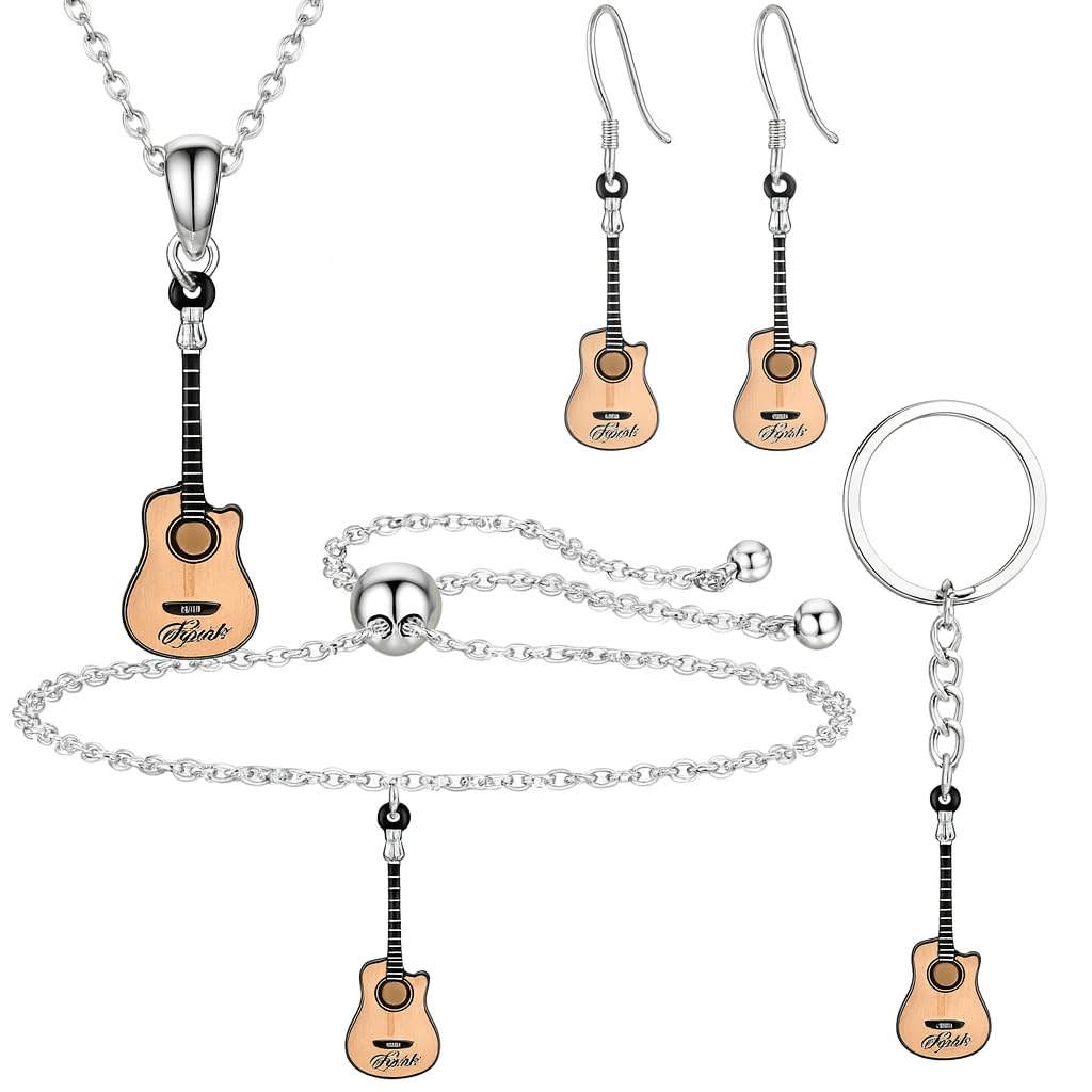 SUPAC Guitar Jewelry Set, 5 Pieces, Acoustic Guitar Pendant Necklace, Bracelet, Earrings and Keychain, Silver Chain