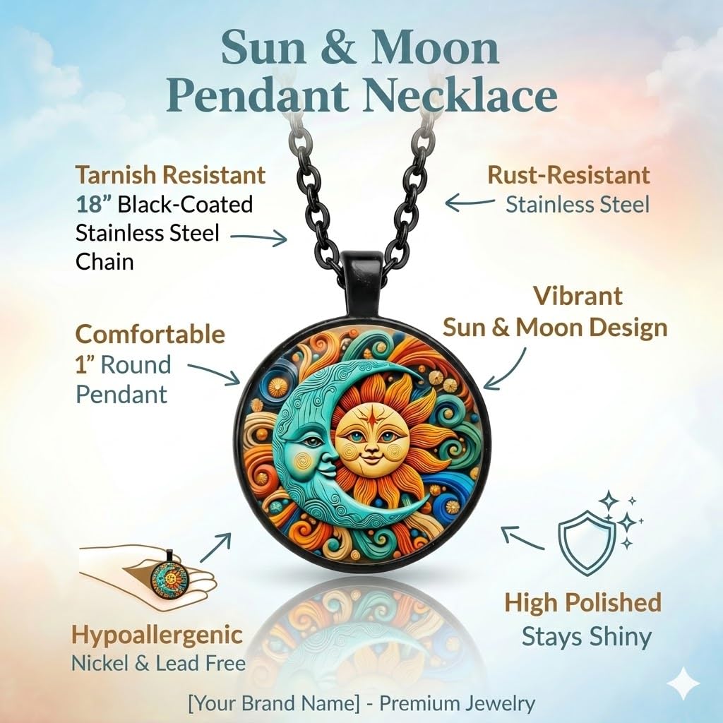 1pc Stunning Round Pendant Necklace - Unique Sun & Moon Pattern, Oil Painting Style Glass Mosaic, Alloy Construction, Trendy Sweater Chain, Fashionable Gift for Women - Christmas or Birthday Gift