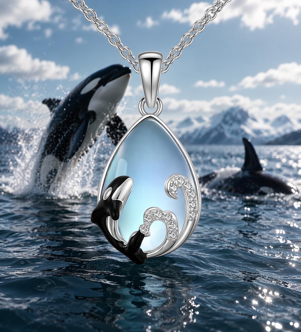 SUPAC Stainless Steel Silver Killer Whale Orca Whale Pendant Necklace, Black and Silver, Shamu Gift