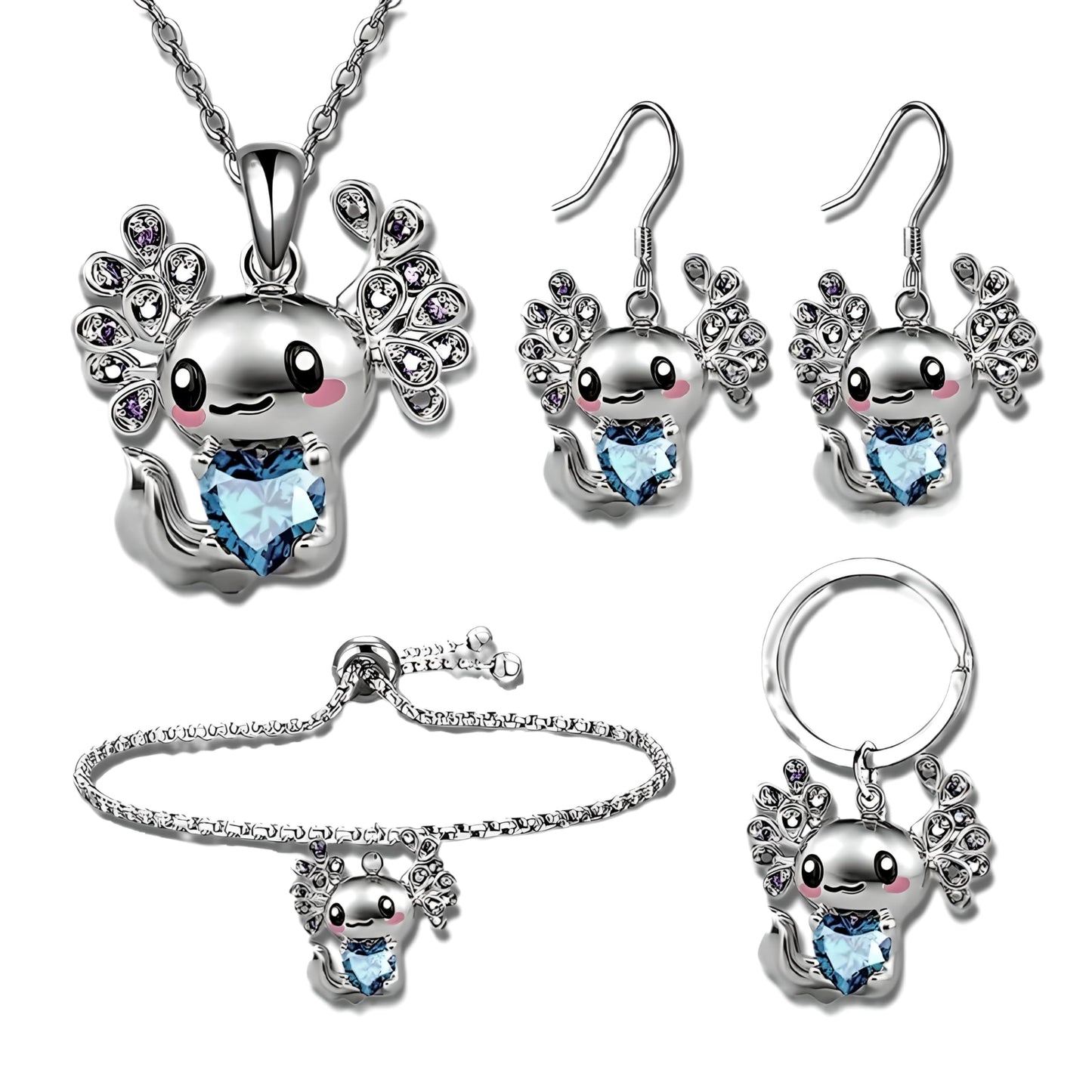 Cute Salamander Jewelry Set with Blue Crystal Heart, Silver Necklace, Earrings, Bracelet and Keychain