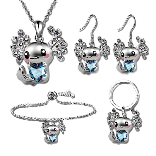 Cute Salamander Jewelry Set with Blue Crystal Heart, Silver Necklace, Earrings, Bracelet and Keychain