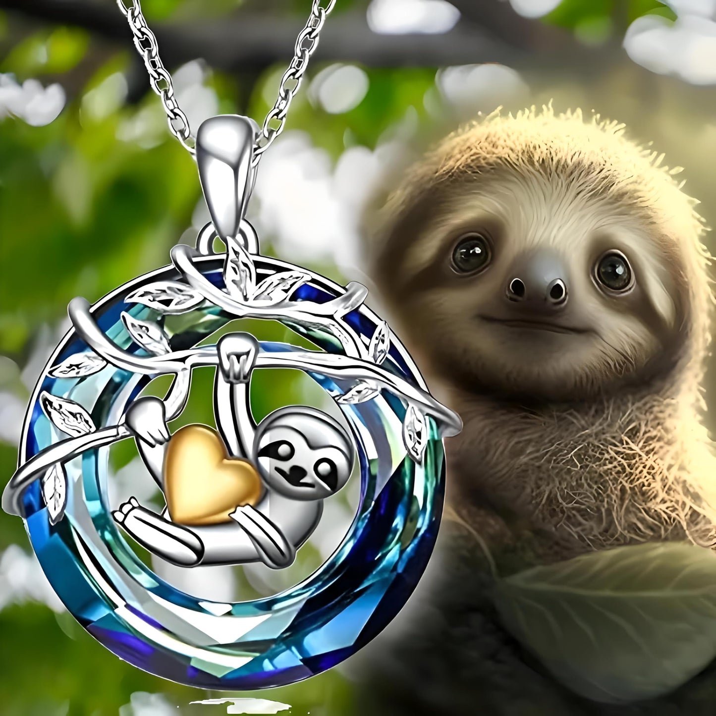 Sloth Pendant Necklace, Silver Chain, Crystal Rainbow Background - Gift for Friends (Sloth)