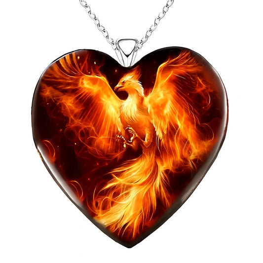Heart-Shaped Pendant Necklace with Different Animals - Panda, Horse, Deer, Cat, Elephant, Dog Scenic Views, Stainless Steel Necklace with Glass Pendant - Christmas, Holiday, or Birthday Gift (Phoenix Rising)