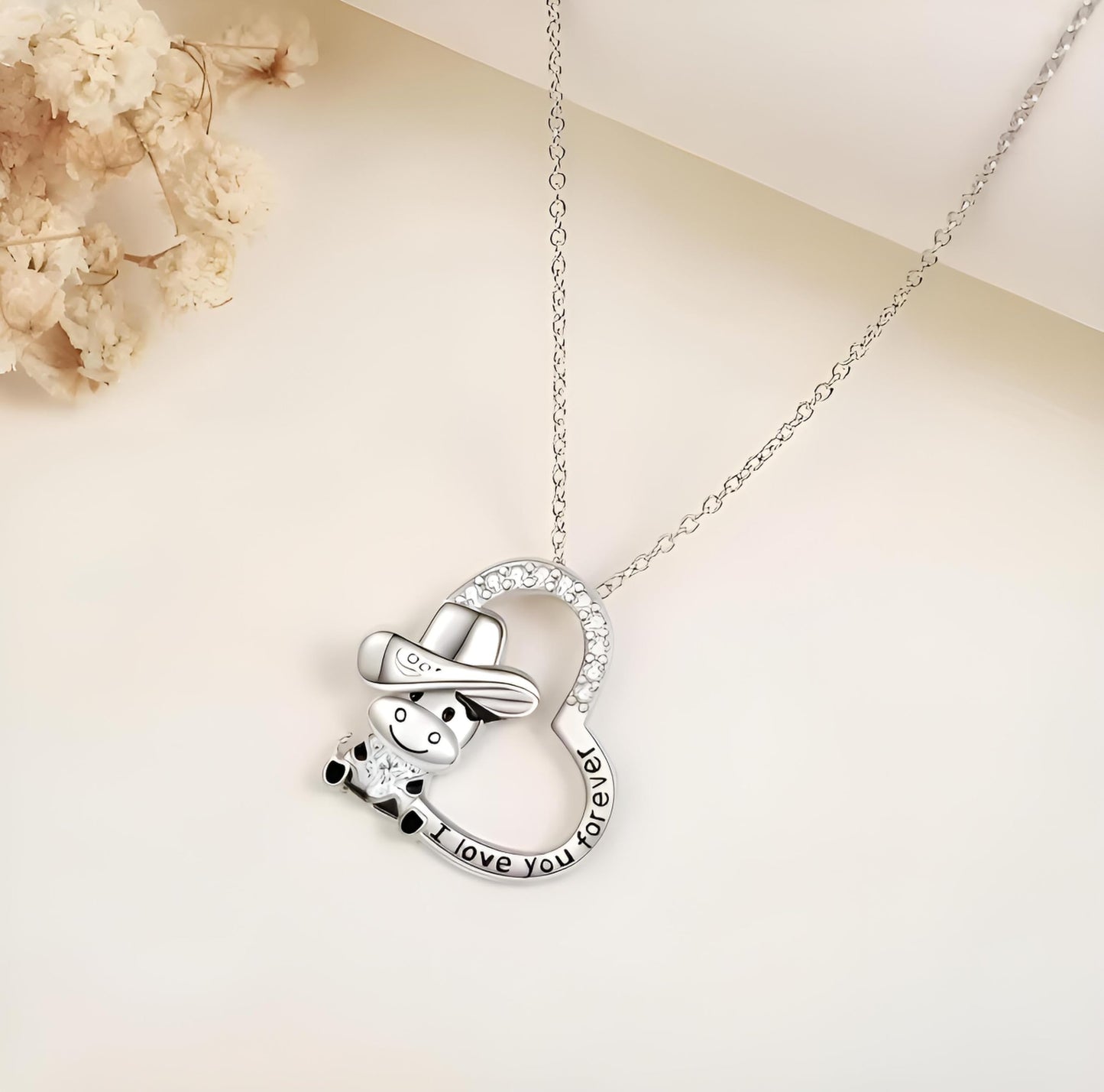 Blue Heart Shaped Mother and her Calf Cow Pendant Necklace for Women - Mother's Day Gift, Christmas, or Birthday Gift
