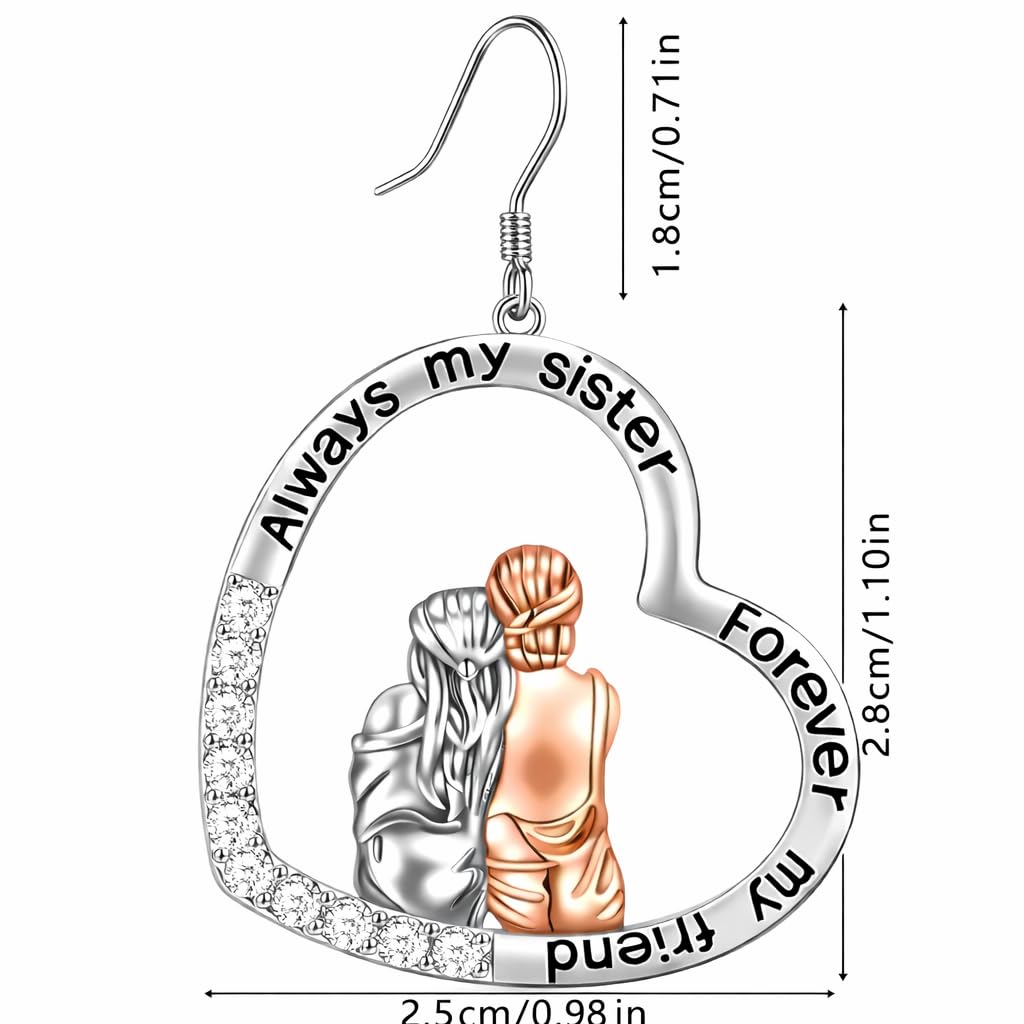 3PCS Sister Love Heart Pendant Necklace Set, Fashion Alloy, One necklace with Two Earings- White Gold Plated Jewelry for Women – "Always my sister, Forever my friend" -Ideal Birthday, Christmas, Party Gift