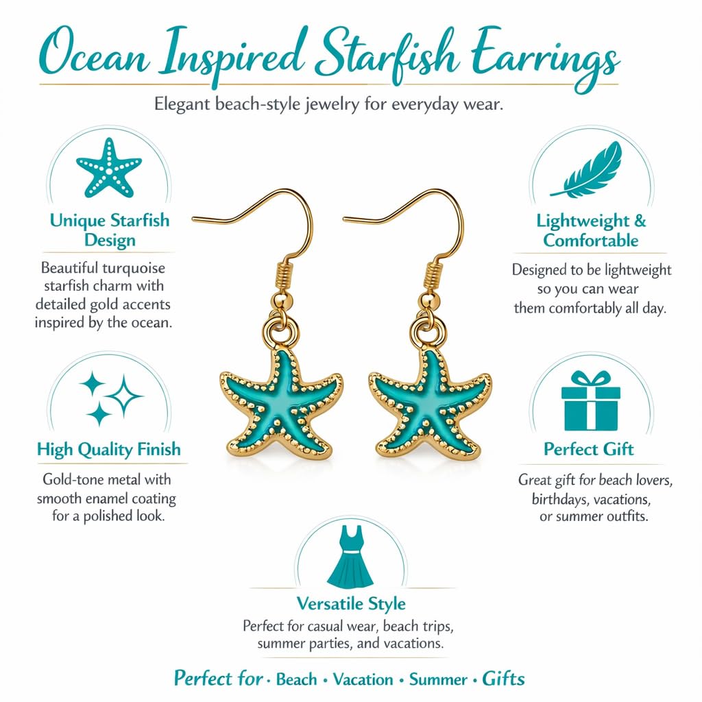 1 Pair of Starfish Drop Earrings - Adorable Beach-Inspired Design, Versatile Style to Match Various Daily Outfits, Fashionable Party Accessories