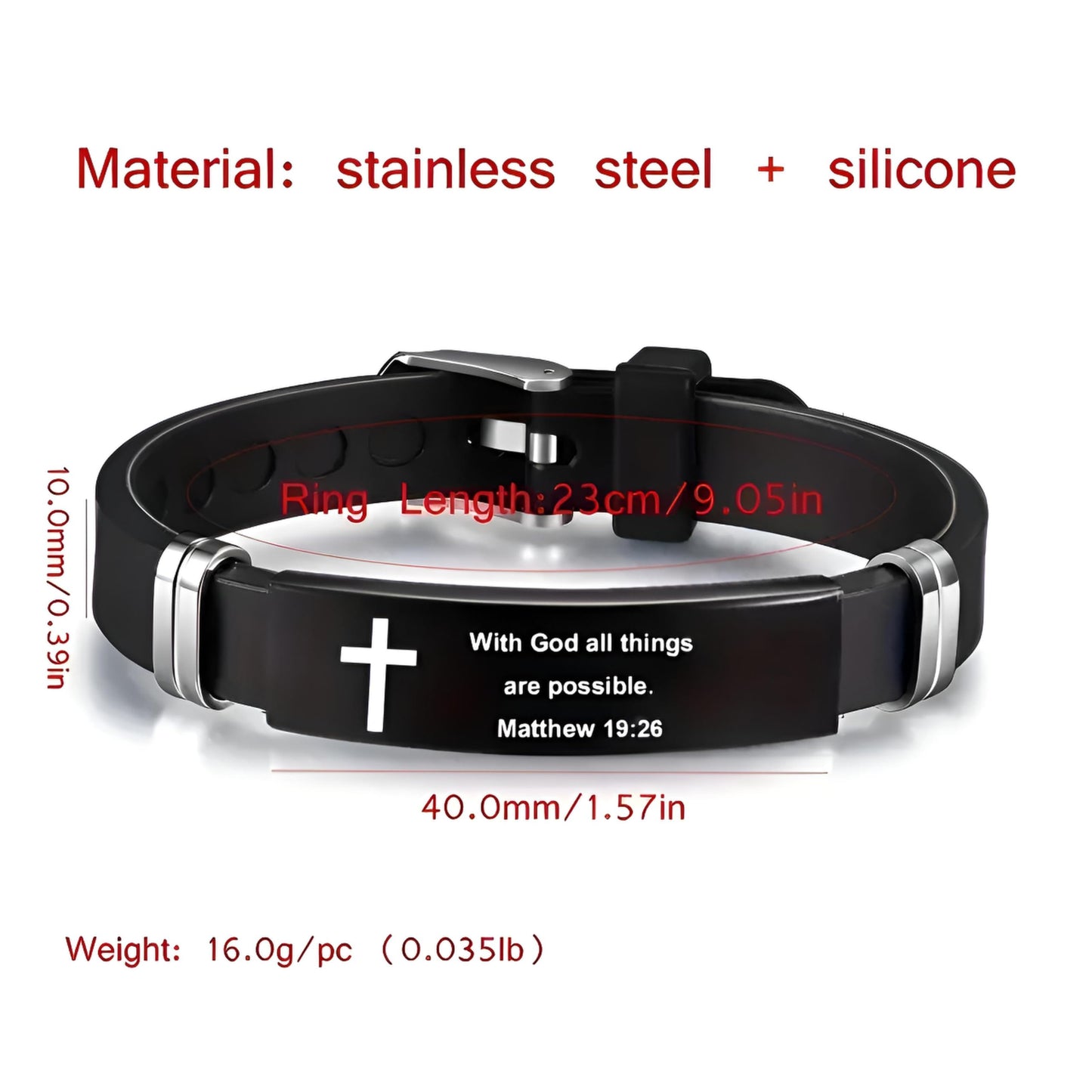 Christian Cross Bracelet with Proverbs 3:5, Phillipians 4:13, Matthew 19:26, Isaiah 41:10, Luke 1:37, Matthew 28:20 Scripture, Black Silicone Adjustable Watch Band, 9.05 inch Length