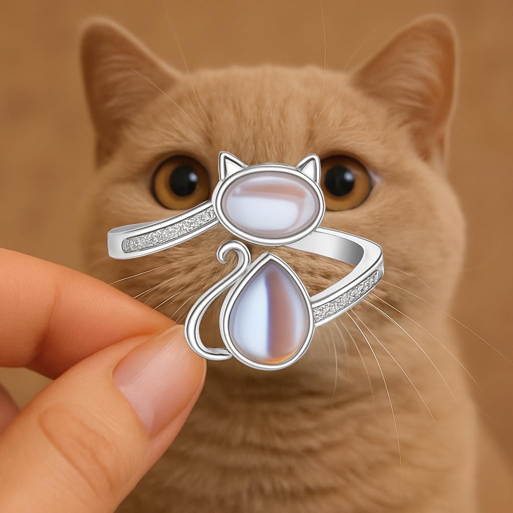 SUPAC Stainless Steel Cat Ring with Moonstone, Adjustable Band, Crystal Accents Design - Cat Lovers' Gift
