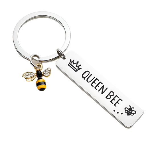 SUPAC Queen Bee Keychain with Crystal Bee Charm, Stainless Steel Bar Tag, Crown Design, 5cm Length - Bee Lovers' Gift
