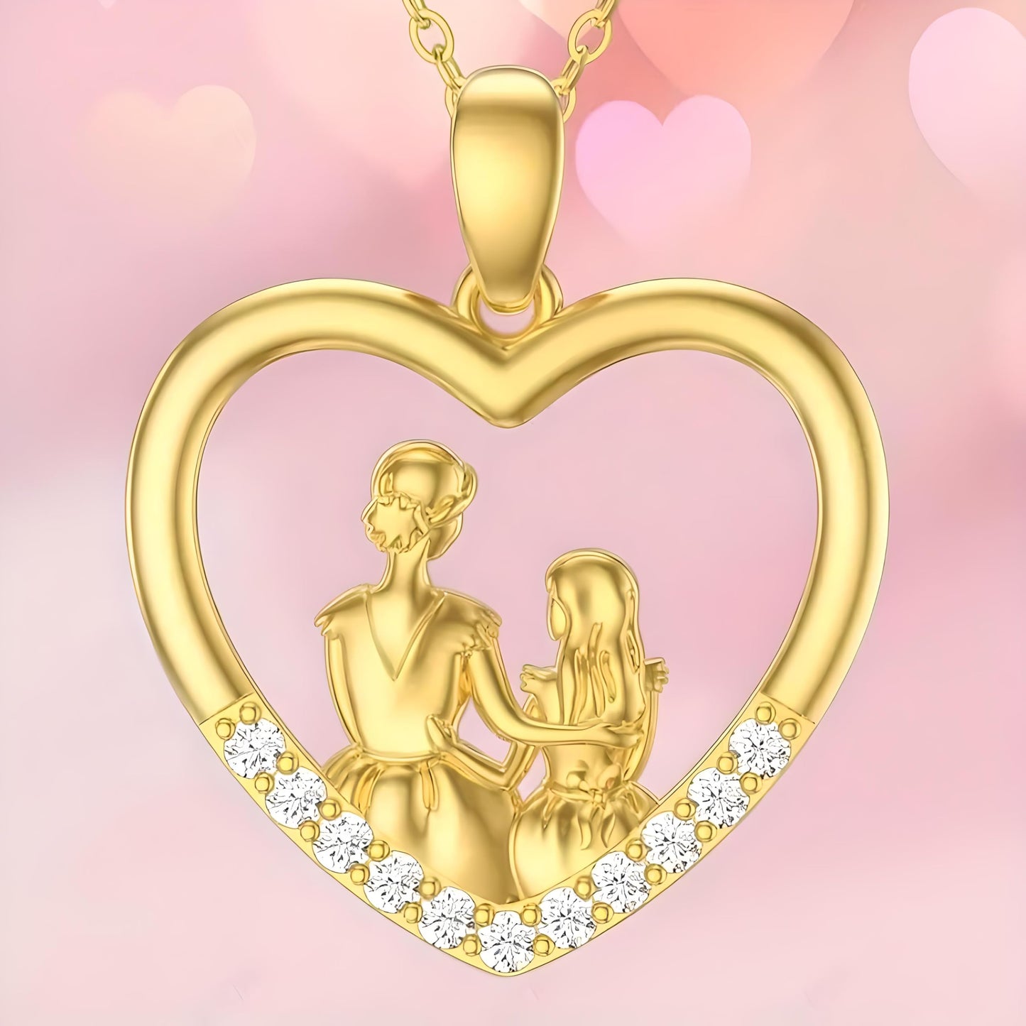 SUPAC Heart-Shaped Mother's Day Necklace, Family + Mother Necklace Options with Crystal Accents, Mother and Daughter Pendant Gift, Silver and Gold-Tone, 'I Love You Always & Forever' Message (Golden)