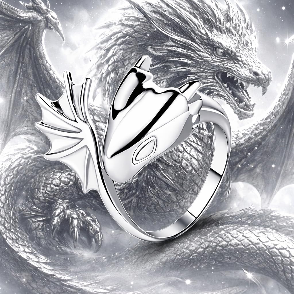 SUPAC Whimsical Silver Flying Dragon Ring - Unique Animal Shape Design, Adjustable Index Finger Ring for Men or Women, Cute Personality Statement Jewelry, Niche Fashion Accessory