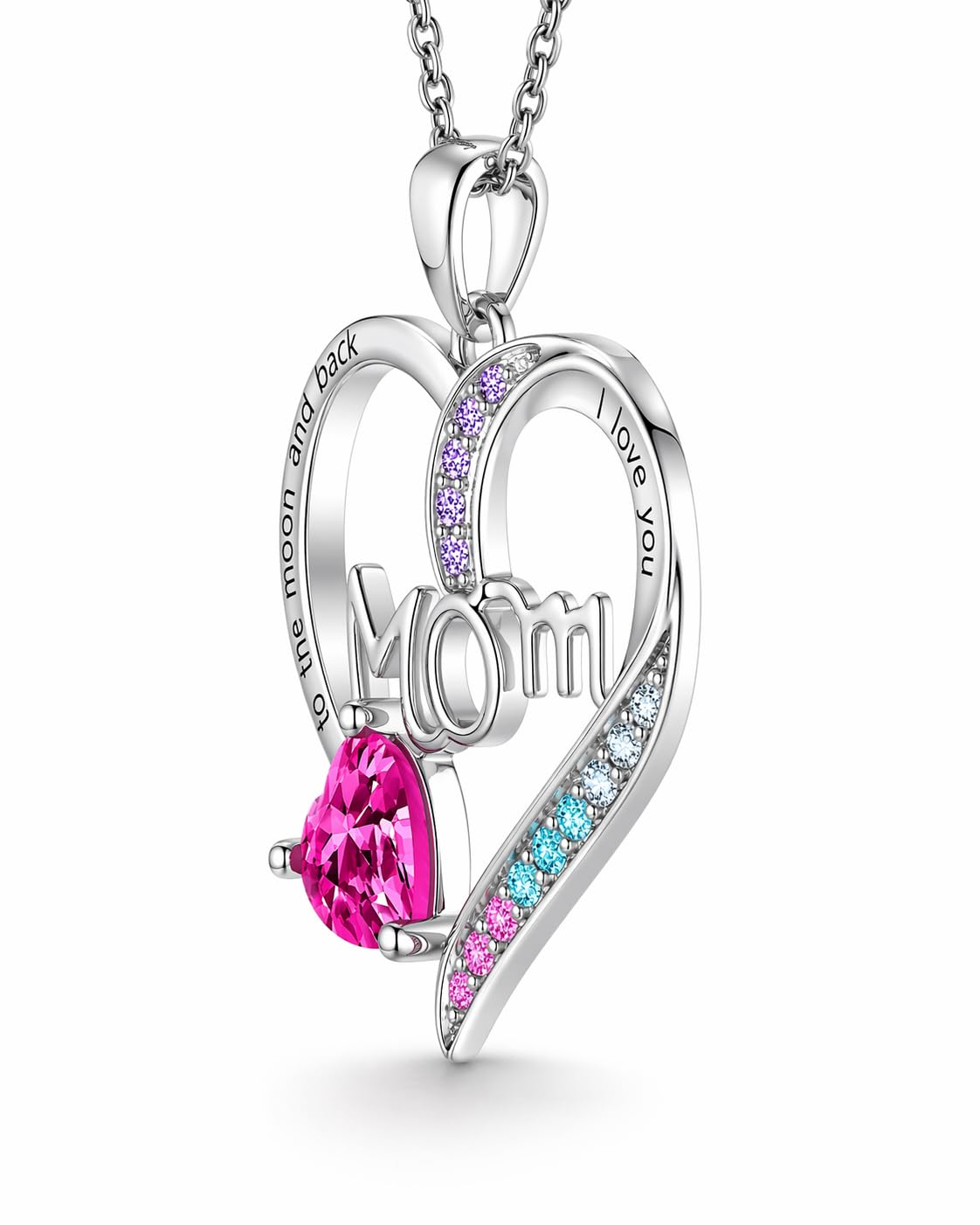 SUPAC Heart Mom Necklace, Sterling Silver Crystal Pendant with Pink Heart Stone, I Love You to the Moon and Back - Mother's Day Gift