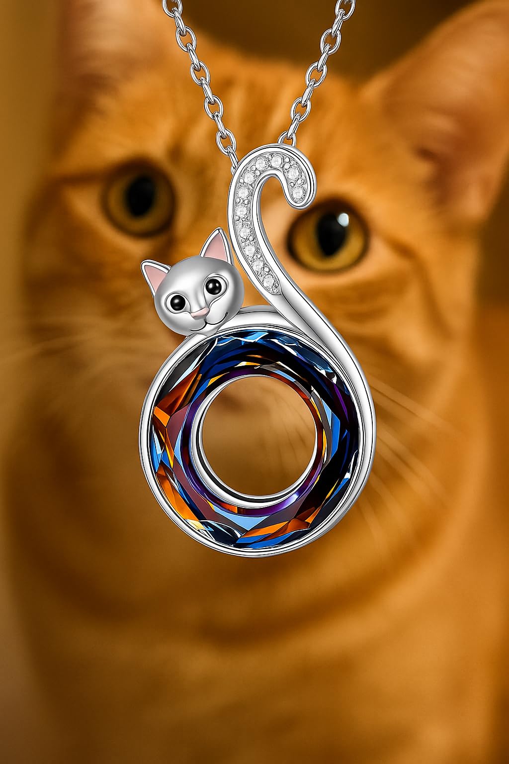 Stainless Steel Cat Circle Necklace, Crystal Design - Cat Jewelry Gift