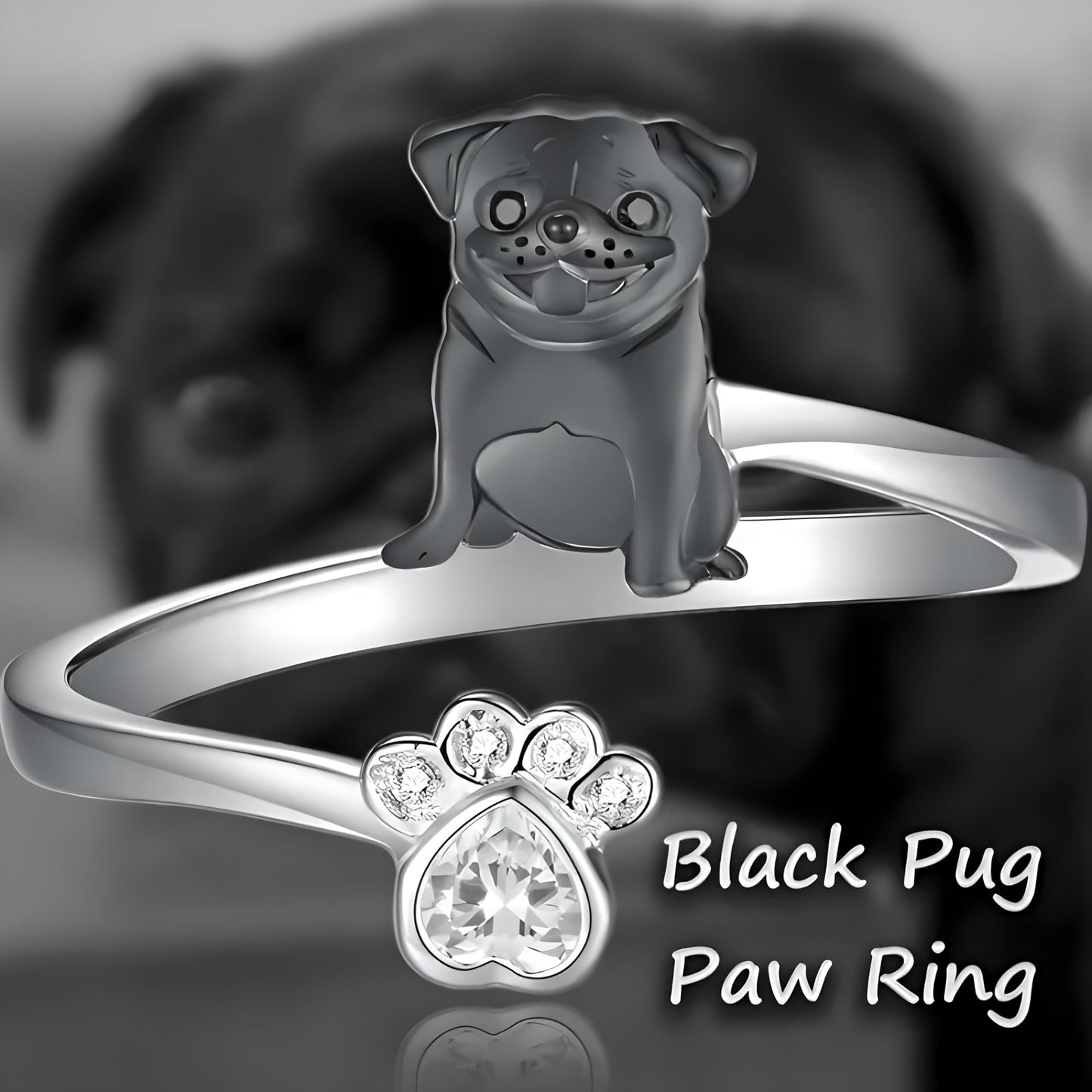 German Shepherd, Yorkie, Pug Dog Paw Adjustable Ring, Sterling Silver, Paw Print Design with Crystal Accents - Christmas, Birthday, or Party Ring