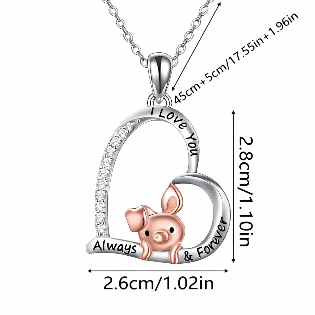 SUPAC Crystal Heart Pendant Necklace with Rose Gold Pig Design, Stainless Steel Chain, I Love You Always & Forever Message, CZ Diamonds, 17.5 Inch