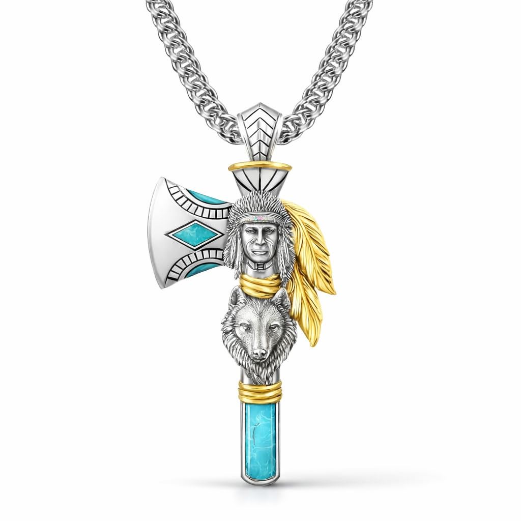 Indian Axe Pendant Necklace, Native American Wolf Design, Stainless Steel Chain