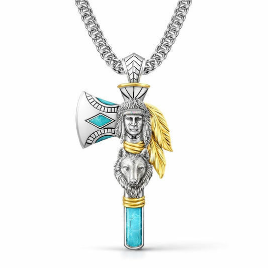 Indian Axe Pendant Necklace, Native American Wolf Design, Stainless Steel Chain