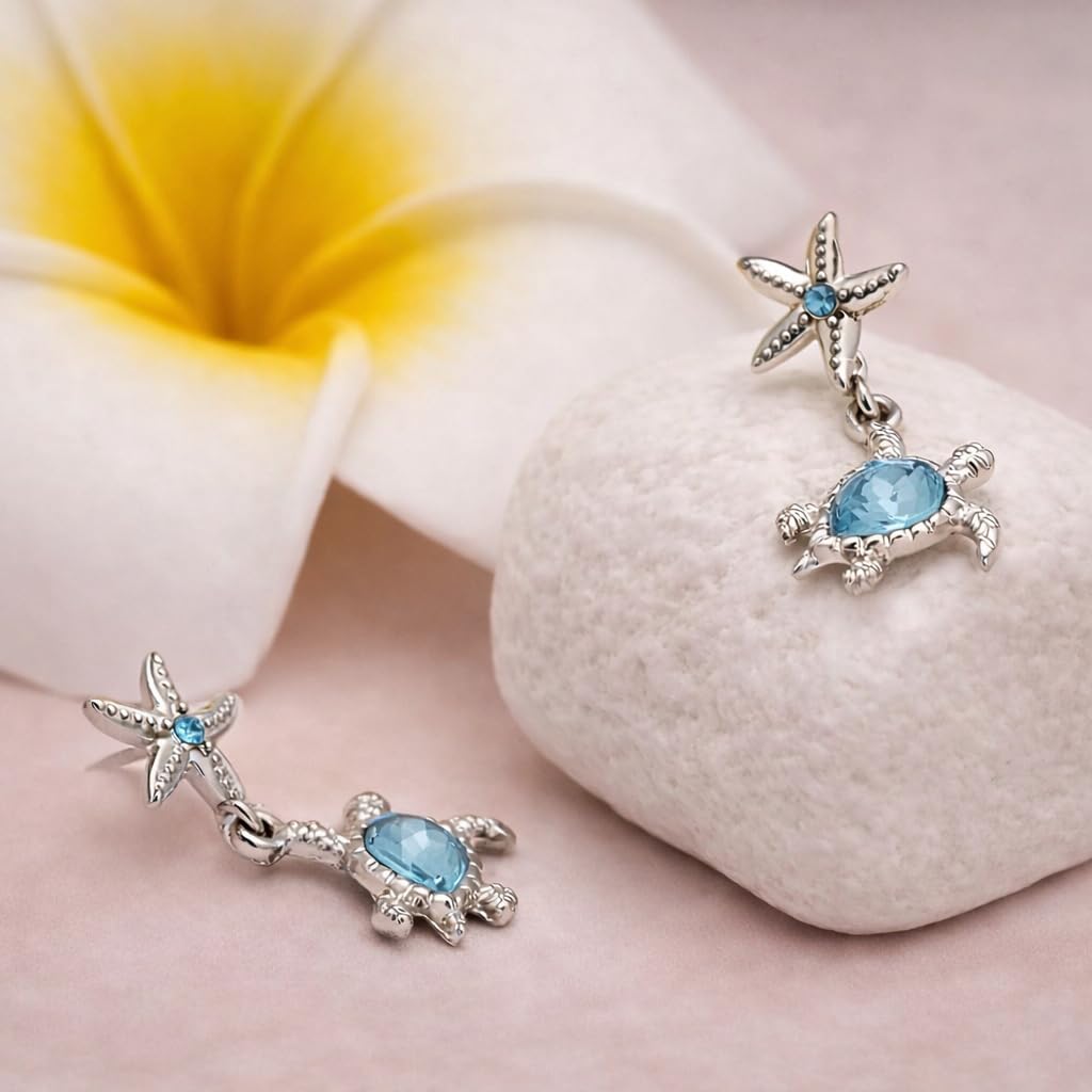 Pair of Cute Starfish and Turtle Stud Earrings - Stainless Steel Ear Needles, Man Made Rock Mosaic, Plated White K Finish, Alloy Construction