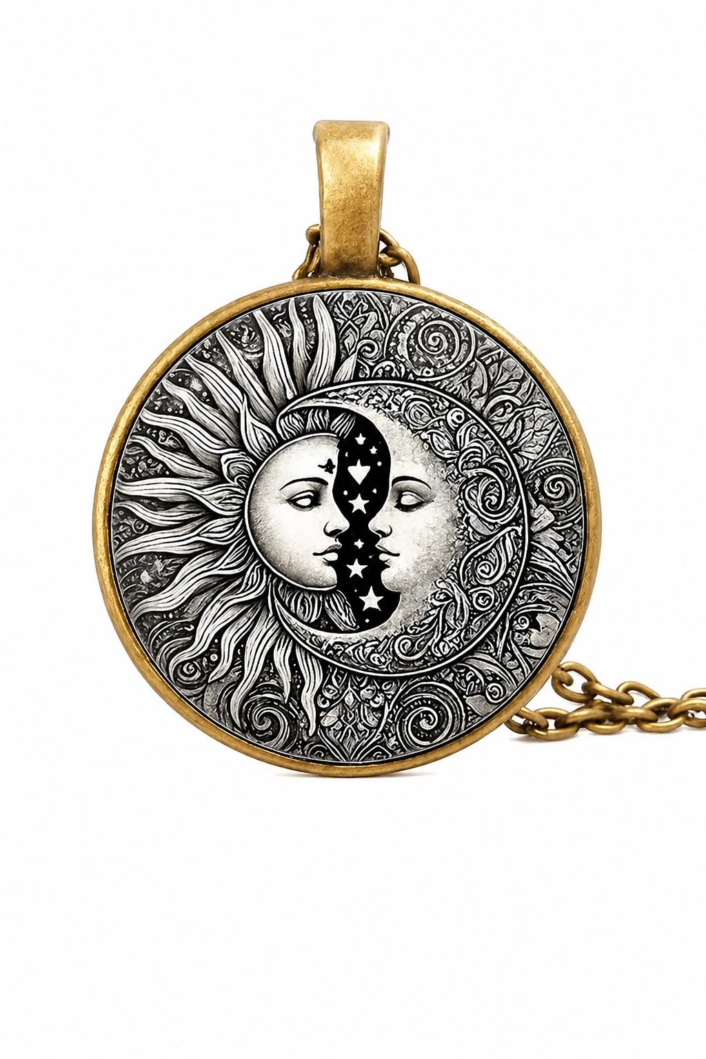 1pc Stunning Round Pendant Necklace - Unique Sun & Moon Pattern, Oil Painting Style Glass Mosaic, Alloy Construction, Trendy Sweater Chain, Fashionable Gift for Women - Christmas or Birthday Gift