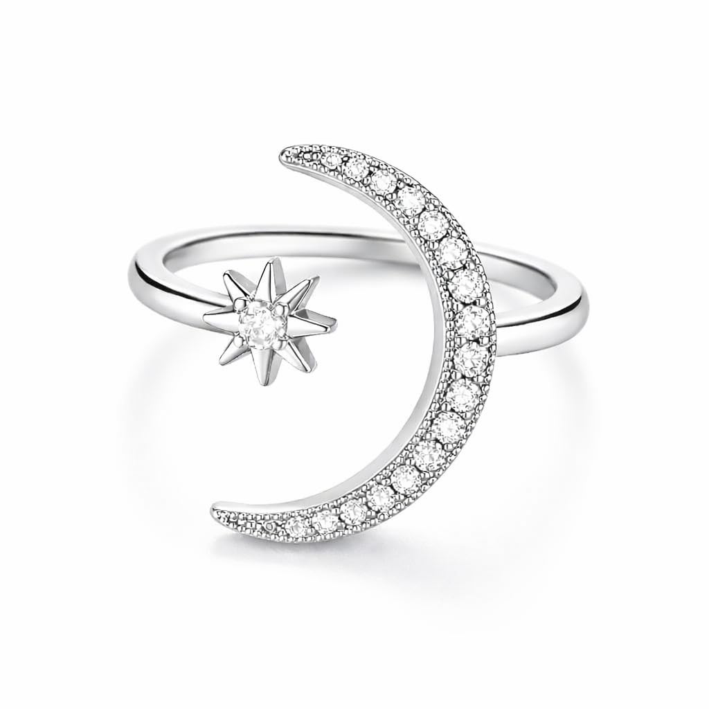 SUPAC 1pc Chic Moon & Sun Cuff Ring - Shimmering Rhinestone Crescent Design - Delicate Daily Wear & Party Accessory for Fashion-Forward Style - Christmas, Birthday Gift