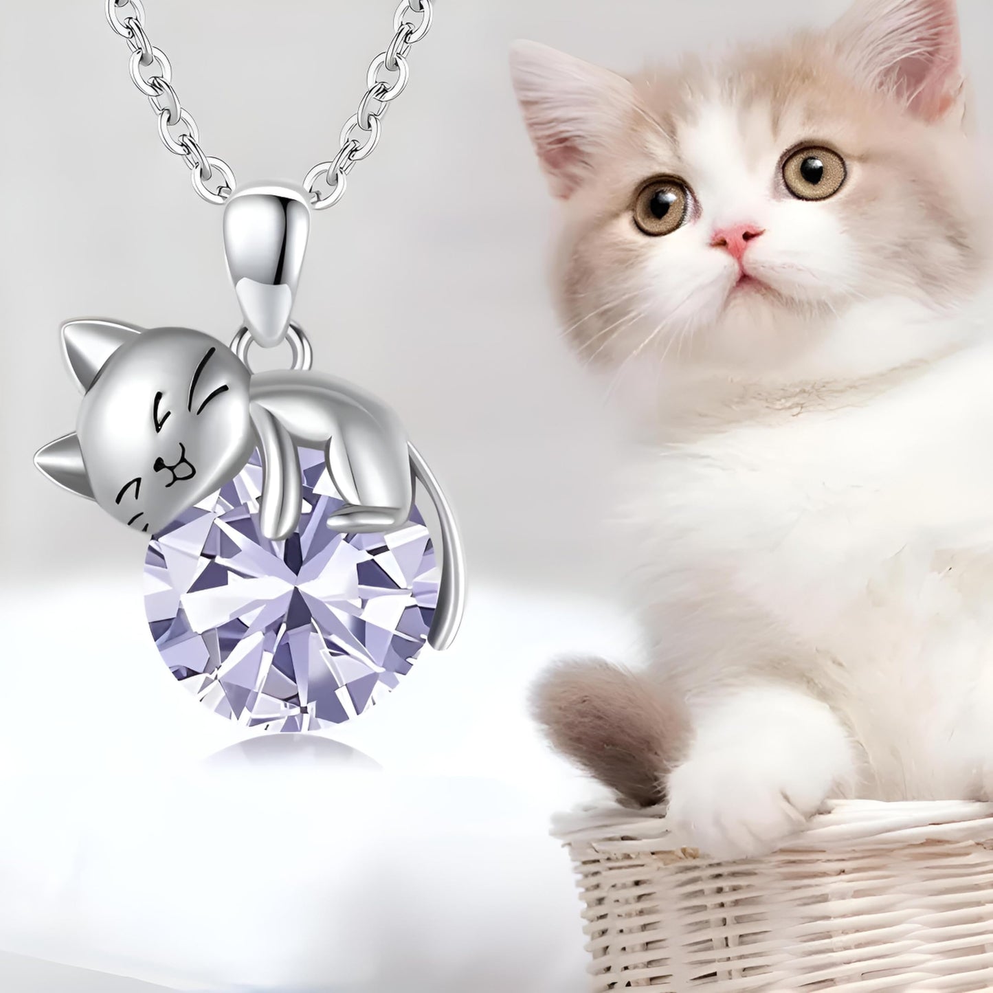 Crystal Cat Pendant Necklace, Silver Chain with Sleeping Cat Design, 17.7 inch Length