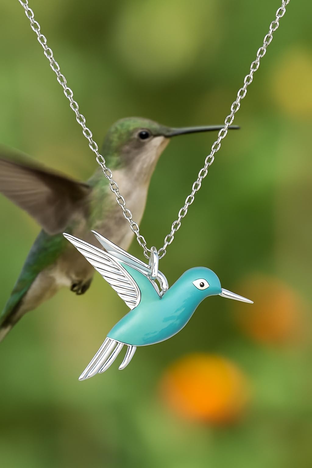 SUPAC Hummingbird Pendant Necklace, Sterling Silver Chain, Turquoise Blue Enamel