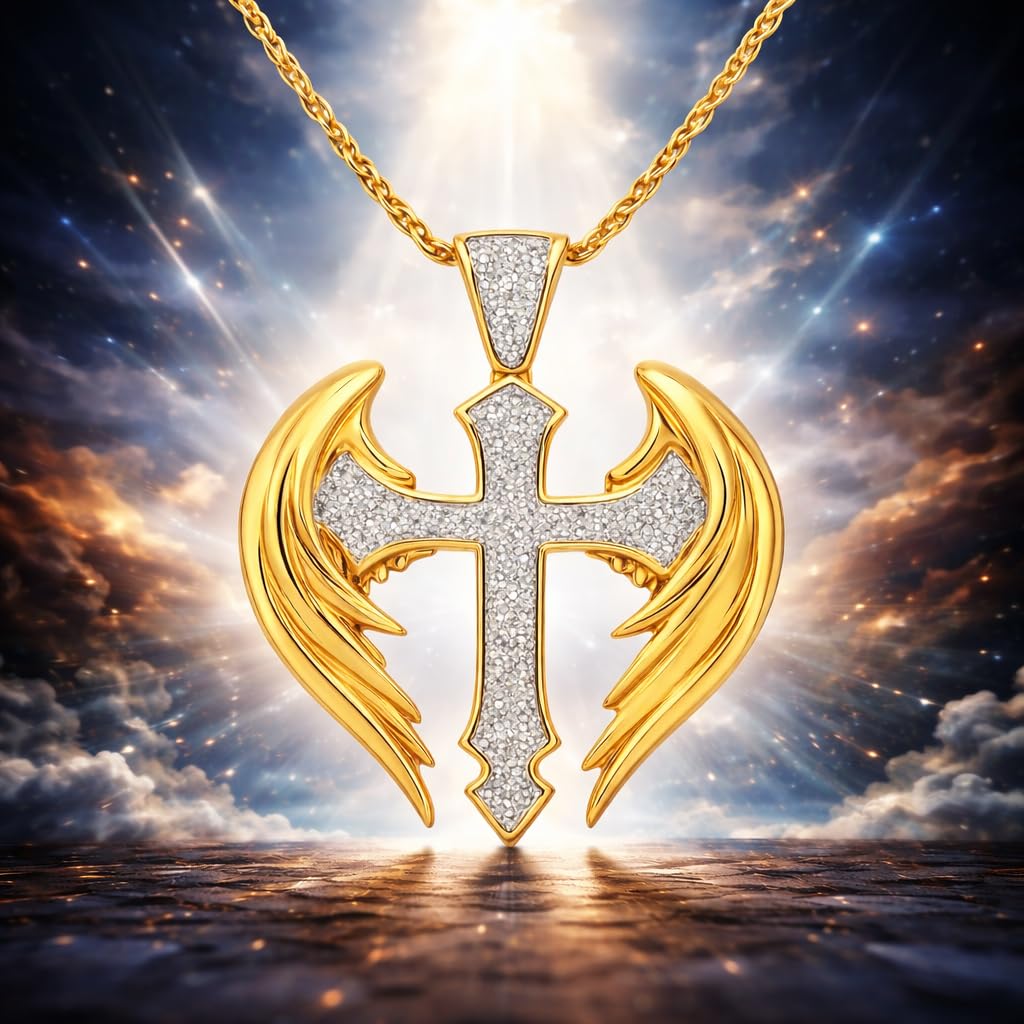 SUPAC Exquisite Golden Angel Cross Pendant Necklace for Men - Elegant Religious Jewelry for Christmas, Birthday Gifts - Unique Faith Symbol with Durable Chain