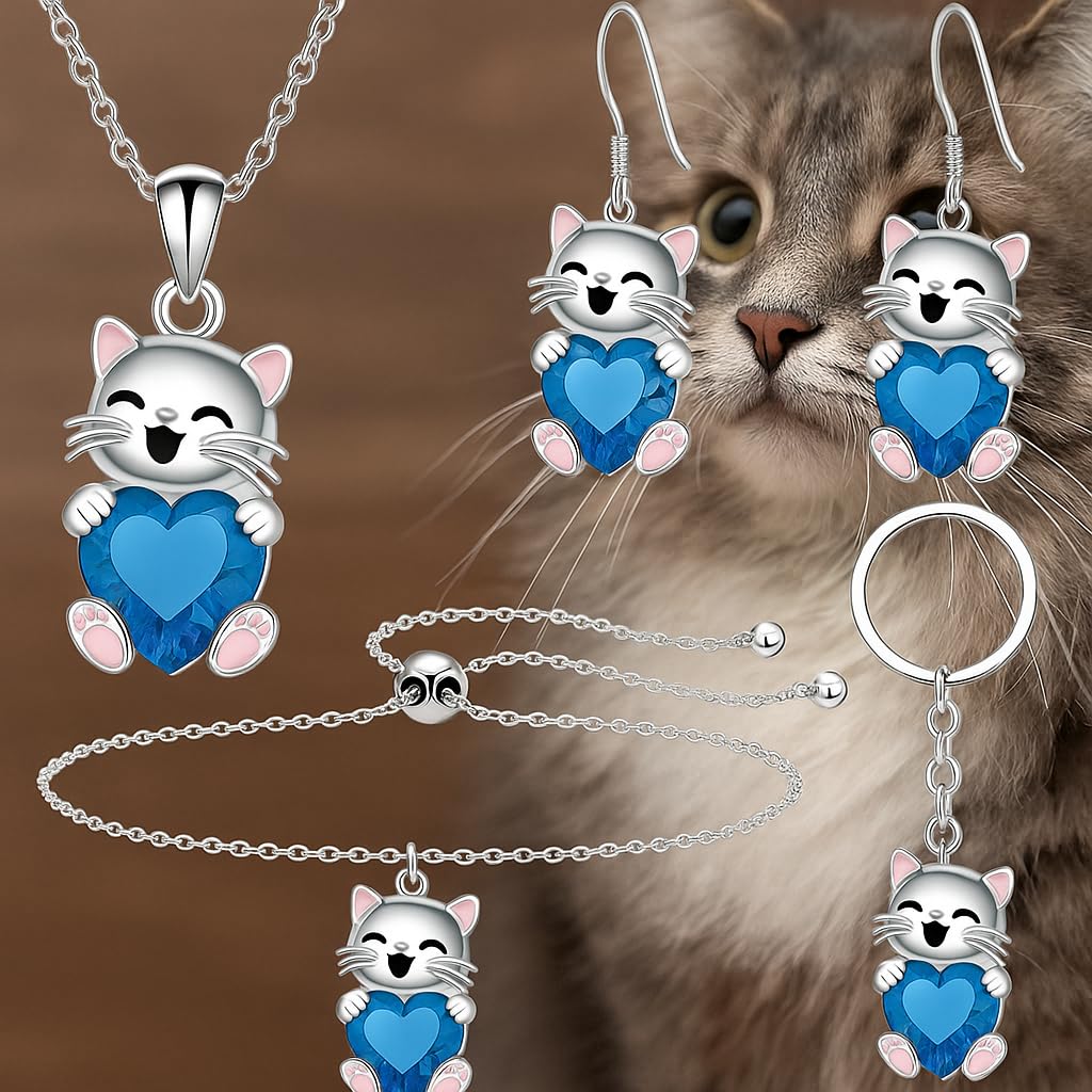 SUPAC Lucky Smiling Cat Crystal Jewelry Set, Necklace Bracelet Earrings Keychain, Blue and Purple Crystal, Silver