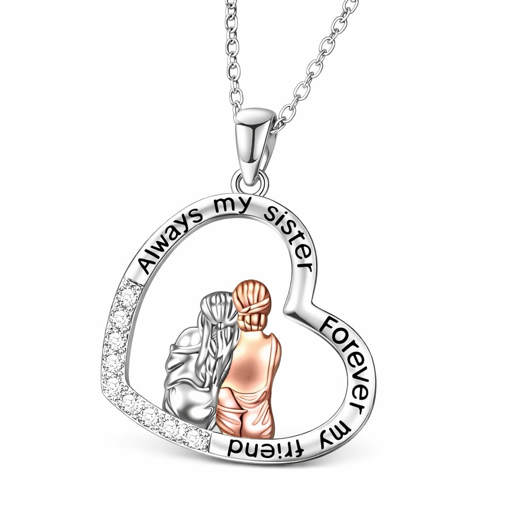 3PCS Sister Love Heart Pendant Necklace Set, Fashion Alloy, One necklace with Two Earings- White Gold Plated Jewelry for Women – "Always my sister, Forever my friend" -Ideal Birthday, Christmas, Party Gift