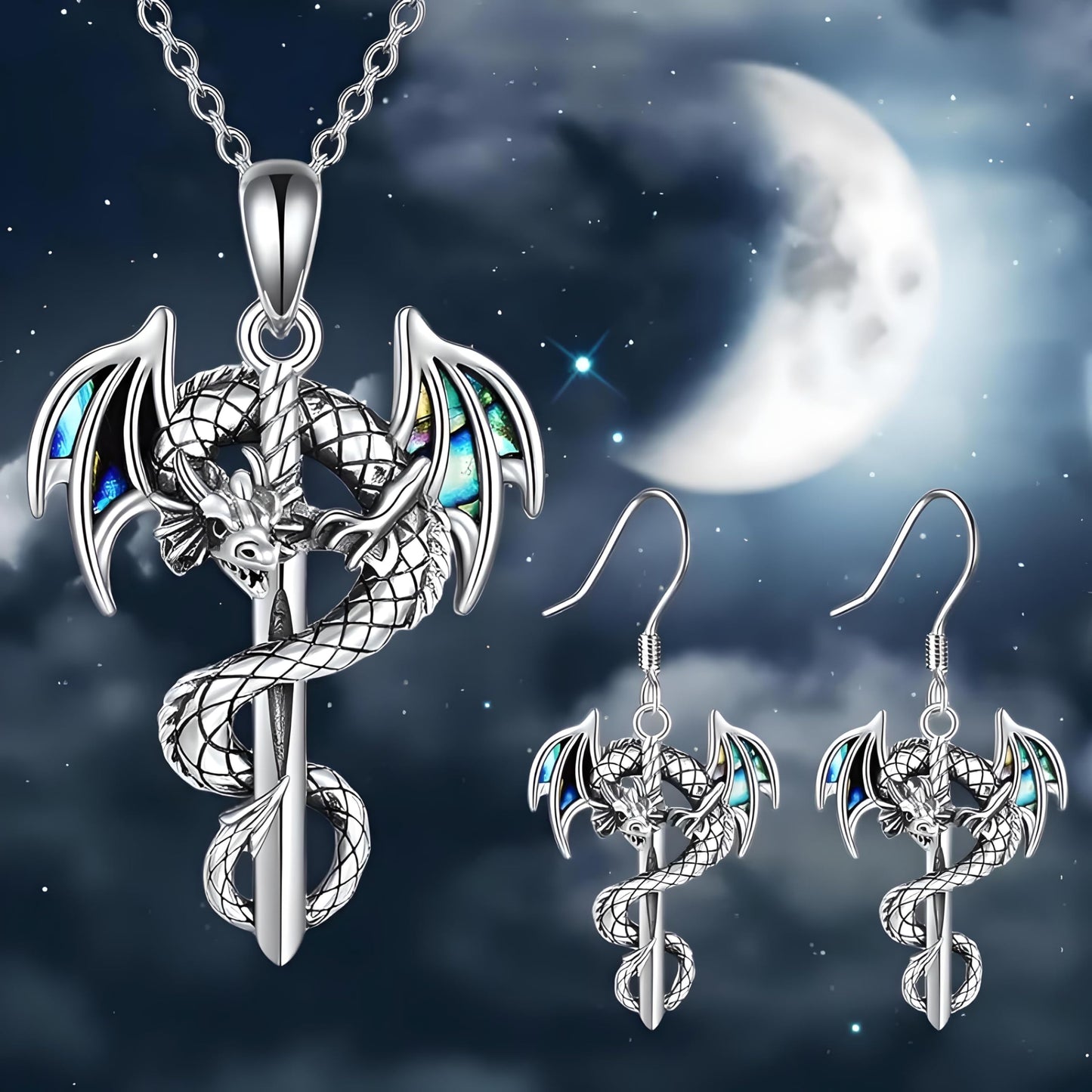 SUPAC Dragon Sword Jewelry Set, Silver Pendant Necklace and Earrings with Iridescent Wings, Gothic Fantasy Design