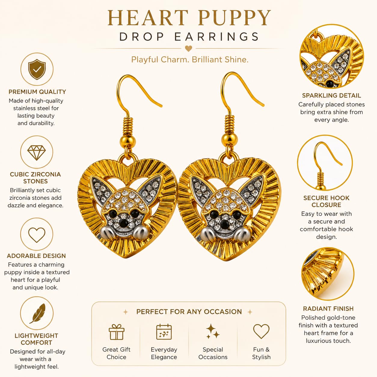 Chihuahua Heart Dangle Earrings, Gold Tone Stainless Steel, Crystal Rhinestone Dog Charm, 0.90 in - Stainless Steel Jewlery, Dog Lover's Gift